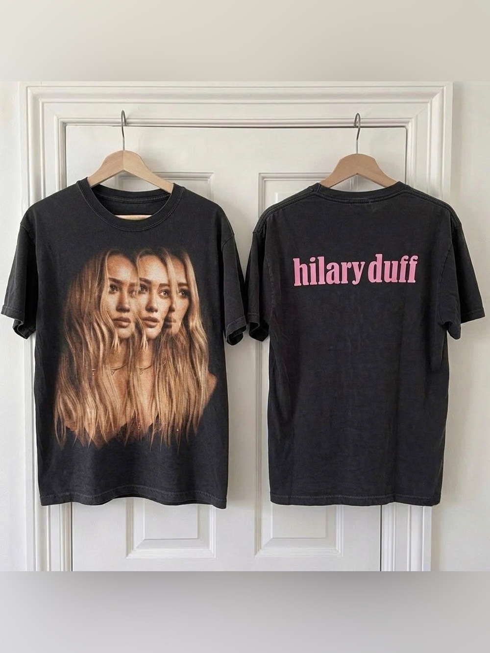 Retro Black Tee with Triple Blonde Portrait and Pink Hilary Duff Logo